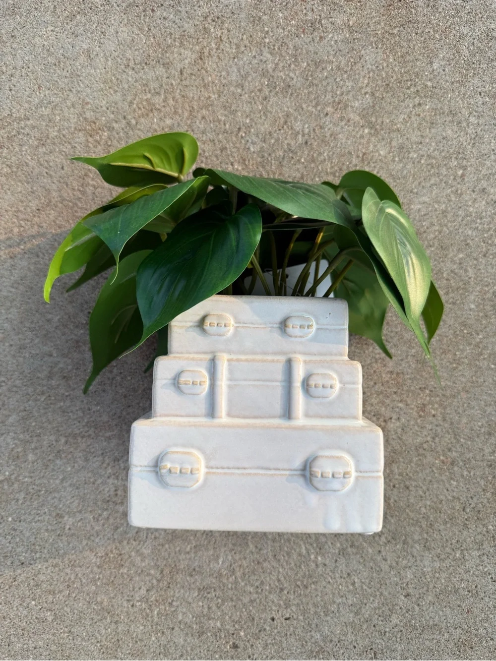 Light Beige Ceramic Stacked Suitcases Planter with Faux Plant NWT